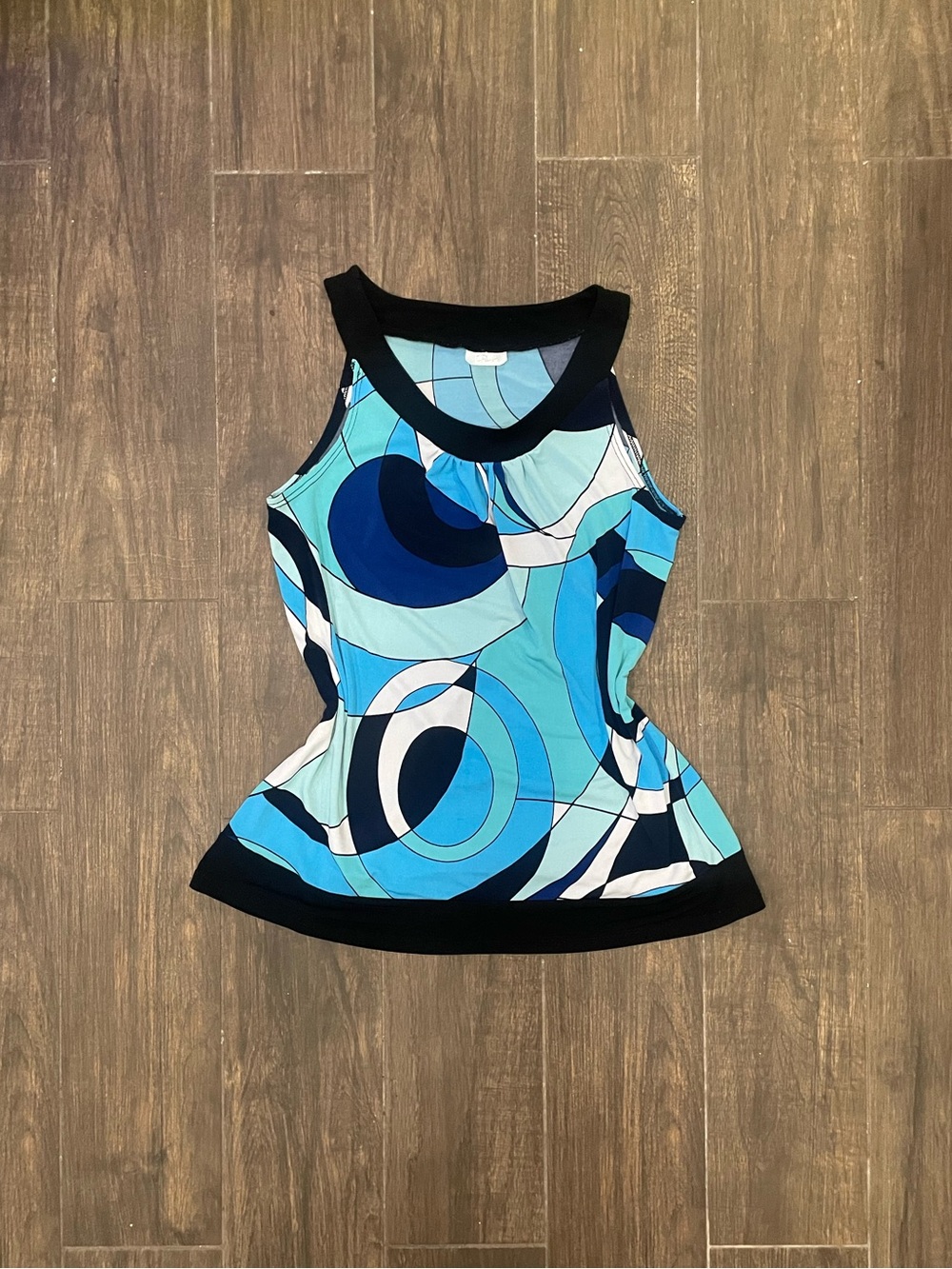 Y2K Blue and Black Abstract Circle Print Tunic Tank Top